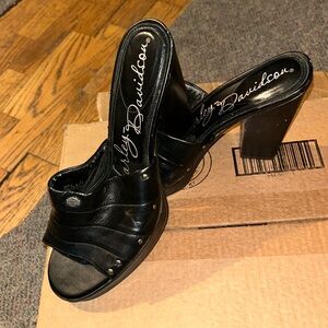 Ginuwine Harley Davidson black leather slip on wooden heels